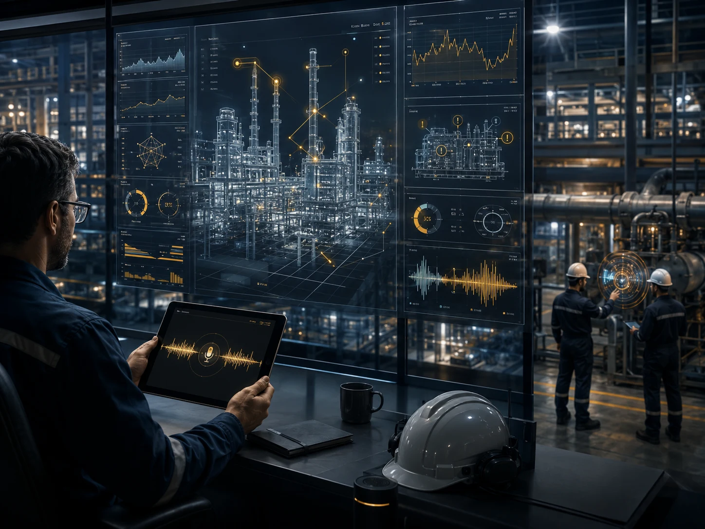 Delfi industrial copilot visualizing a live plant digital twin, multilingual voice interface and operational analytics